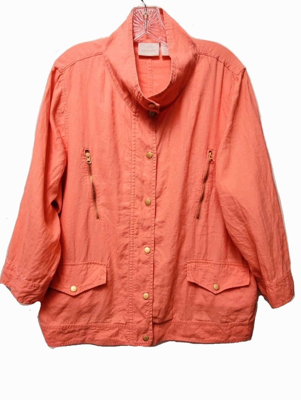 Chico"s Coral Orange 100% Linen Snap Button Jacket 3/4 Sleeves Size 3/XL -16
